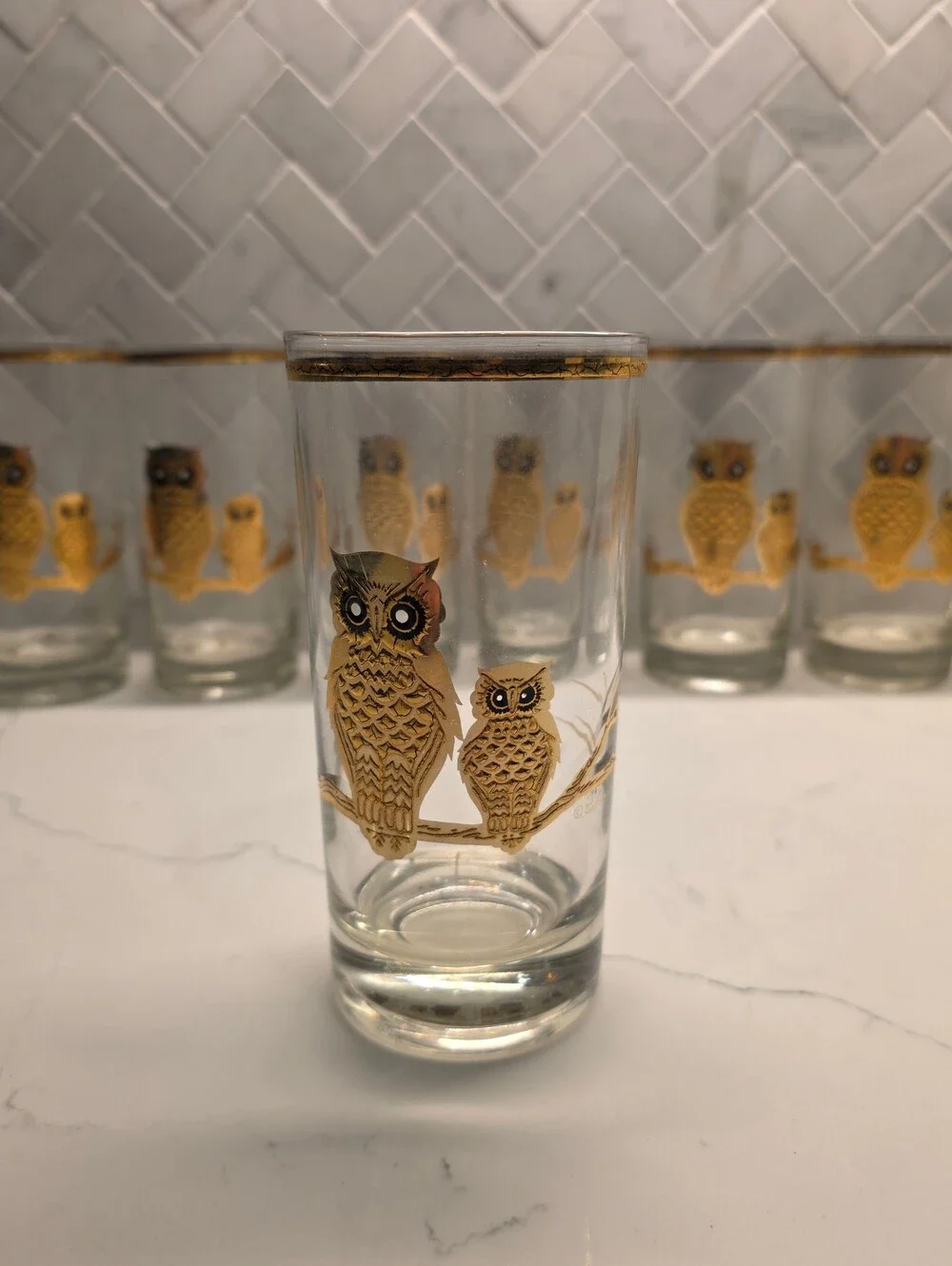 Pristine Vintage Culver 22K Gold Owl Highball Glasses - Set of 8